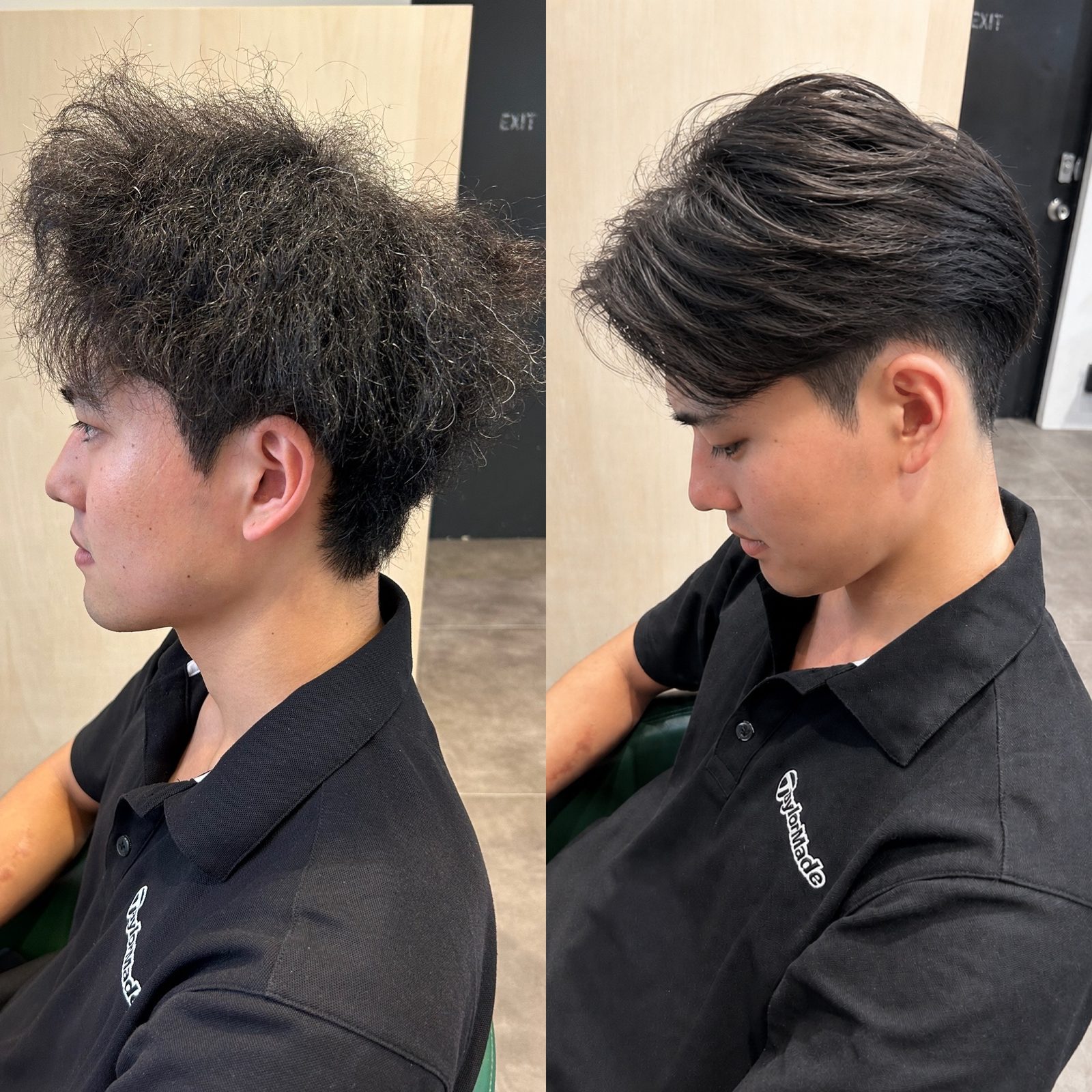 実際の施術例。広がっていたクセ毛が、収まりのある毛流れに変わったビフォーアフター（左がビフォー、右がアフター）